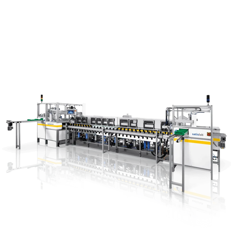 Автоматическая in-line система очистки линз Hydra-Brush-7, общий вид линии с конвейером и семью камерами