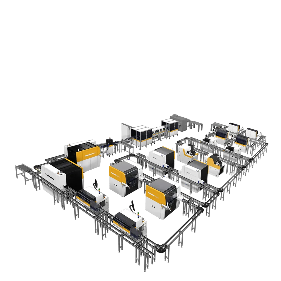 Конвейерная система Satisloh Smart Conveyor Systems: схема автоматизированной Rx-лаборатории с конвейерными линиями, изометрический вид
