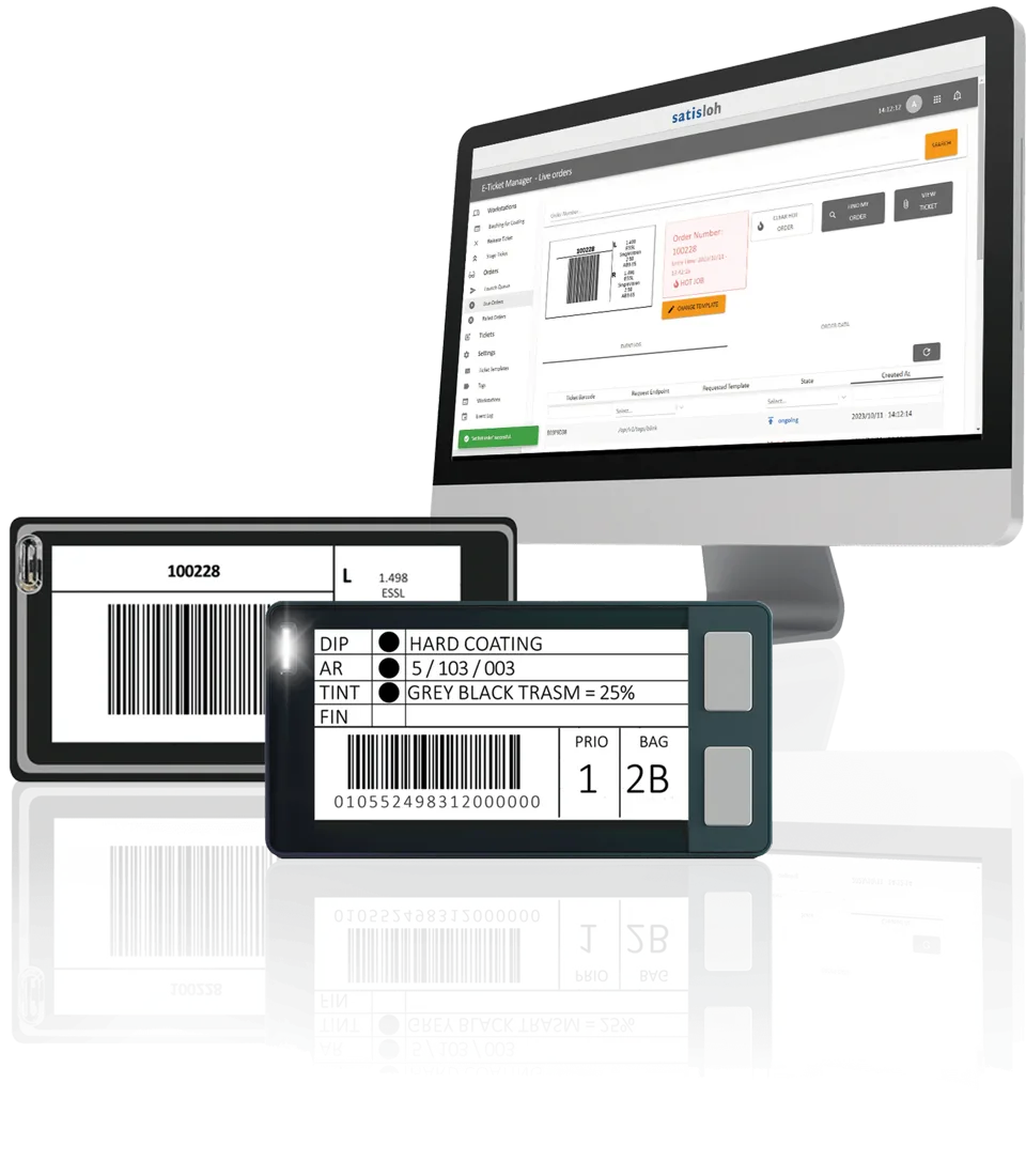 Система цифровых сопроводительных талонов Satisloh E-Ticket System: метки E-Ticket Tag и ПО E-Ticket Manager на мониторе